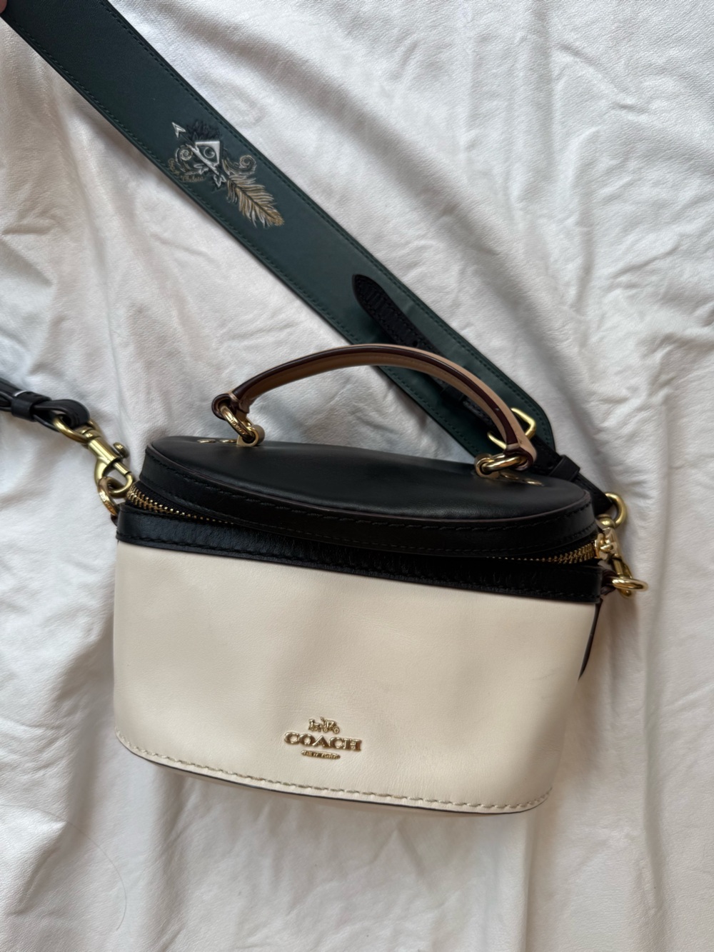 Coach Two-Tone Leather Crossbody in Cream and Black with Green Strap Accent